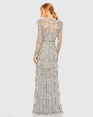 Silver High Neck Flutter Cap Long Sleeve Tiered Embellished Gown