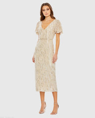 Beige Sequined V Neck Flutter Sleeve Tea Length Dress