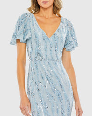 Blue Sequined V Neck Flutter Sleeve Tea Length Dress
