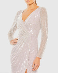 Purple Sequined Faux Wrap Long Sleeve Gown