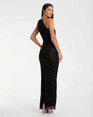 Black Beaded Sleeveless High Neck Column Gown