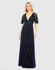 Navy Embellished V-neck Empire Waist Gown