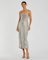 Silver and Beige Embellished Strapless Sheath Dress