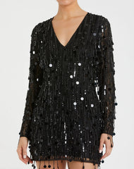 Black Long Sleeve Beaded Fringe Plunge Neck Dress