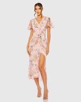 Pink Printed Mesh Flutter Sleeve Faux Wrap Midi Dress