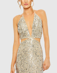 Silver and Beige Cut Out Halter Tie Back Sequin Gown