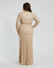 Beige Embellished Fringe Long Sleeve Gown (Plus)
