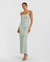 Green Beaded Mesh Scoop Neck Fitted Gown With Bows