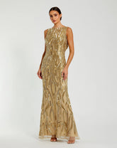 Gold Embellished Mesh Sleeveless High Neck Fitted Gown