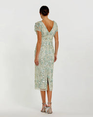 Green Embellished Mesh Fitted Cap Sleeve Cocktail Dress