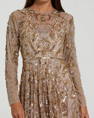 Beige Long Sleeve Hand Embellished Gown