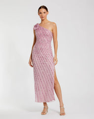 Pink One Shoulder Beaded Mesh Dress With Flower