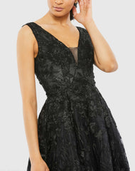 Black Floral Embroidered Illusion V-Neck Gown
