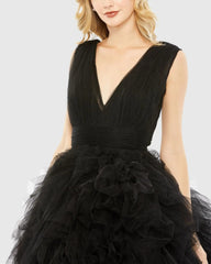 Black Tiered Sleeveless V-Neck Tulle Midi Ballgown