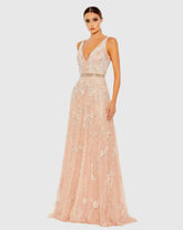 Pink Sleeveless V-Neck Embellished Tulle Gown
