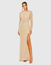 Beige Beaded High Neck Long Sleeve Gown