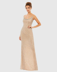 Beaded Spaghetti Strap Column Gown