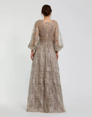 Beige Embellished Plunge Neck Puff Sleeve A Line Gown