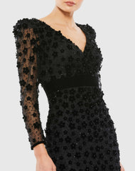 Black Velvet Embellished V Neck Long Sleeve Sheath Dress