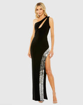 One Shoulder Cut Out Mirror Sequin High Slit Gown
