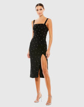 Black Sleeveless Rhinestone Encrusted Square Neck Midi Dress