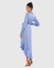 Blue Long Sleeve Faux Wrap Midi Dress