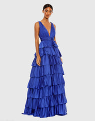 Ruffle Tiered Pleated Sleeveless V Neck Gown