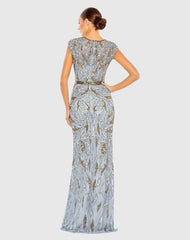Blue and Gold Embellished Illusion Cap Sleeve Column Gown