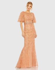 Orange Embellished Neck Butterfly Sleeve Trumpet Gown