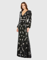 Black Embellished Wrap Over Bishop Sleeve Gown