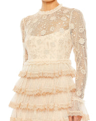 Beige Embroidered Long Sleeve Ruffled Tiered Gown