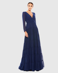 Navy Faux Wrap Illusion Long Sleeve Tiered Gown