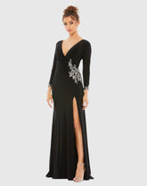 Black Floral Embellished Faux Wrap Jersey Gown