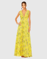 Yellow Floral Print V-Neck Ruched Gown