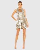 Gold Sleeveless Disc Sequin Trapeze Dress