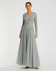 Embellished Wrap Over Illusion Long Sleeve A Line Gown