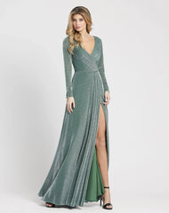 Green Long Sleeve Faux Wrap A Line Gown