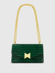 Green Crocodile Leather Shoulder Bag With Gold Hardware