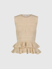 Beige Sleeveless High Neck Knit Top With Ruffle Hem
