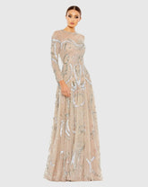 Beige Long Sleeve Embellished Illusion Evening Gown