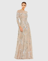 Beige Long Sleeve Embellished Illusion Evening Gown
