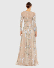 Beige Long Sleeve Embellished Illusion Evening Gown