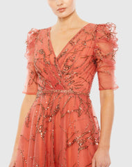 Orange Embellished Gathered Puff Sleeve Faux Wrap Gown