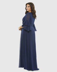 Navy Pleated Bell Sleeve Chiffon Gown (Plus)