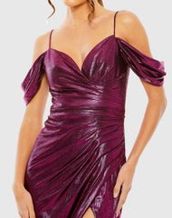 Purple Off The Shoulder Cap Sleeve Faux Wrap Gown