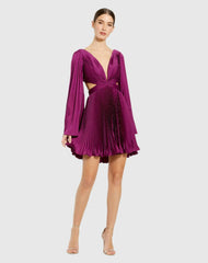 Purple Pleated V-Neck Cutout Long Sleeve Mini Dress