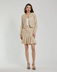 Beige High Waist Box Pleat Boucle Mini Skirt