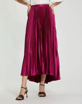 Purple Pleated Ankle Length Satin Pleated Skirt
