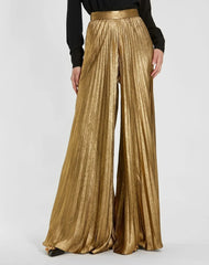 Gold Metallic Lamé Pleated Wide Leg Pant