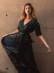 Black Sequined Puff Sleeve Faux Wrap Top - FINAL SALE